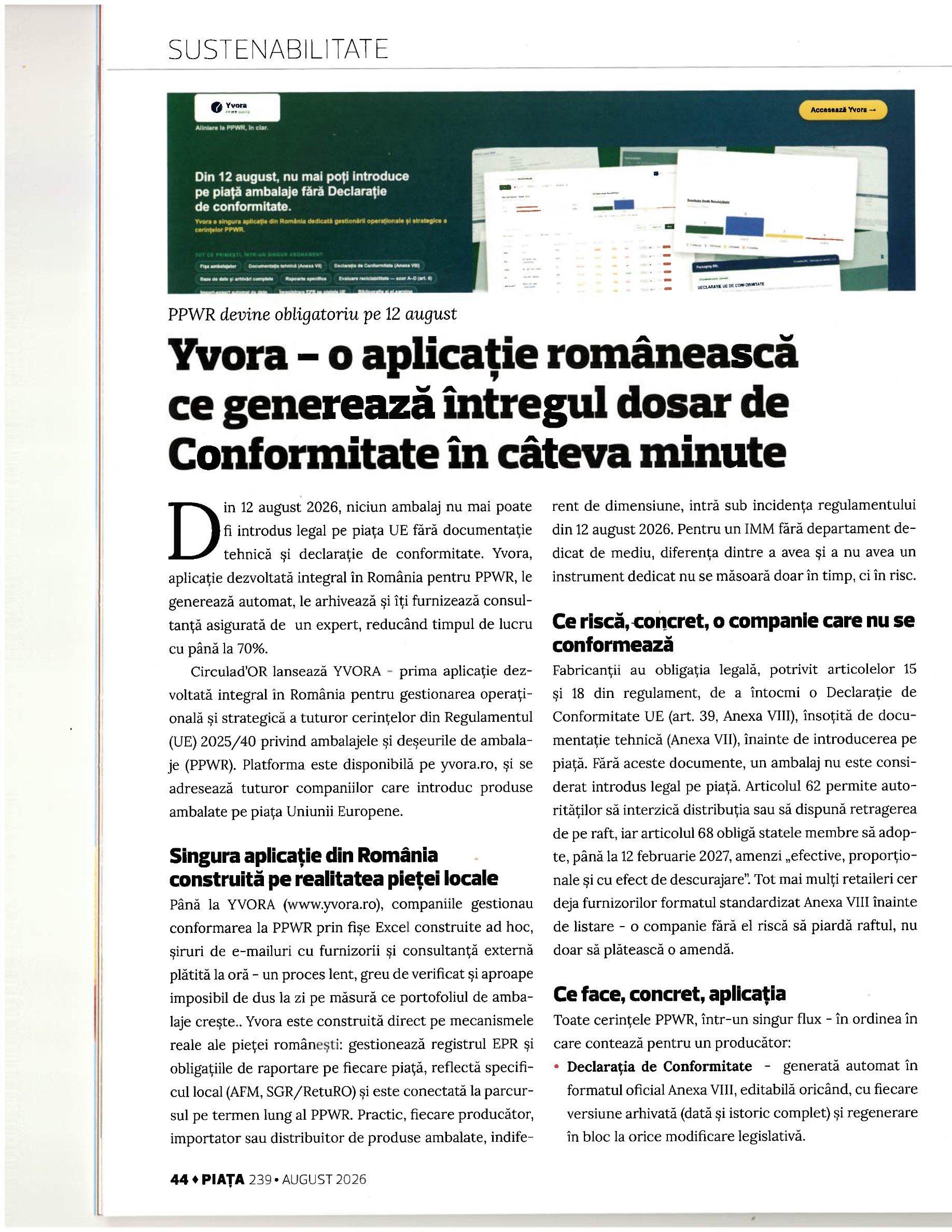 Yvora PPWR - pagina 44 din Revista Piața nr. 239, august 2026, despre Declarația de Conformitate