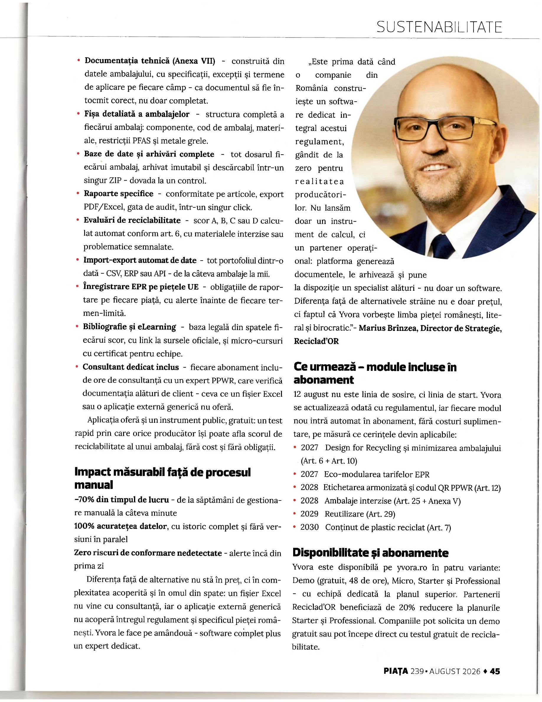 Yvora PPWR - pagina 45 din Revista Piața nr. 239, august 2026, despre Declarația de Conformitate